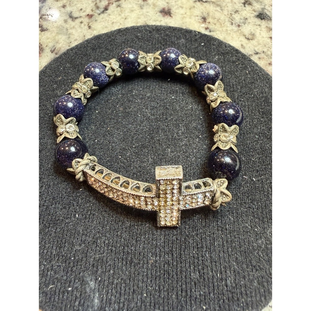 Blue Goldstone Bead‎ Bracelet Rhinestone Cross Stretch Religious